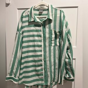 NWOT Arula Green and White Striped Button-Up Shirt